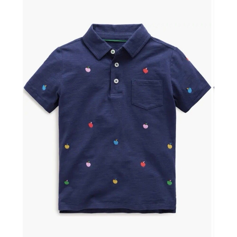 Mini Boden Navy Polo Shirt Embroidered Multicolor Fruits Apples 9-10Y Cotton
